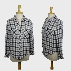 CLOTH & STONE Women's Plaid Button Down Shirt Top Blouse Black White LS Size S